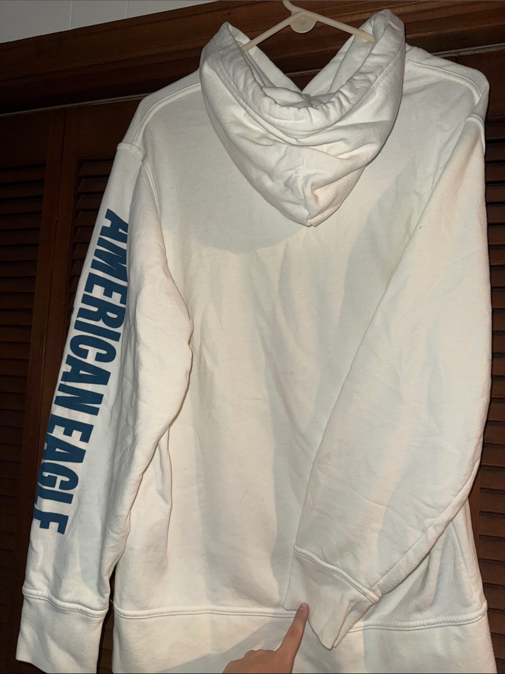 American Eagle Outfitters Cream Hoodie with Blue Sleeve Logo